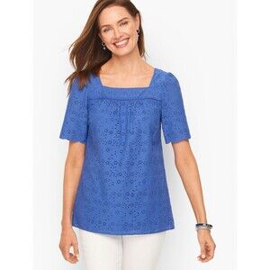 Talbots SZ XL Periwinkle Blue Eyelet Cotton Top Square Neck Cottagecore Short Sl